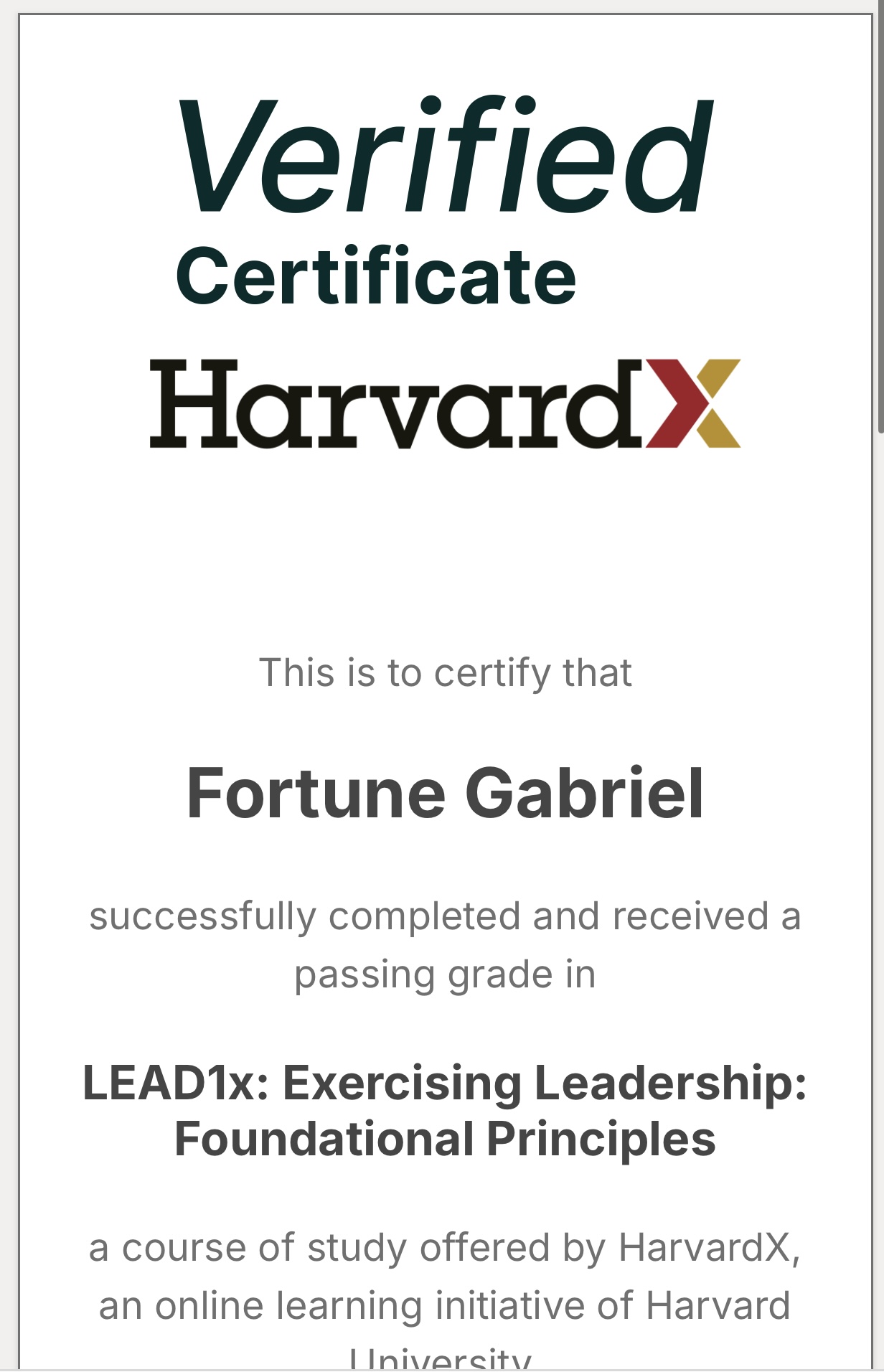 HarvardX verified certificate for Fortune Nwosu