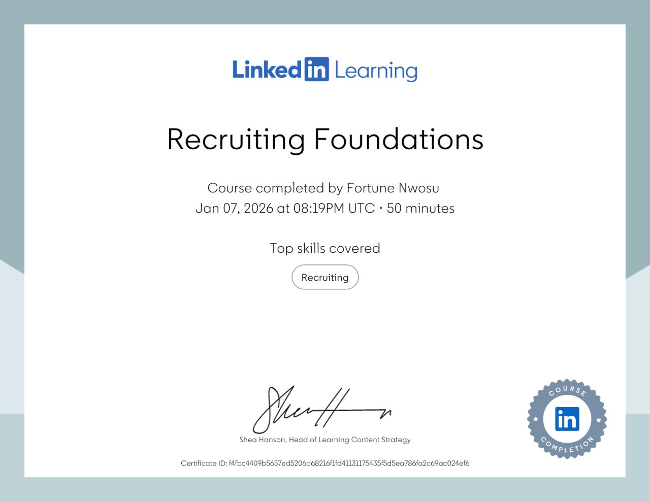 LinkedIn Learning Recruiting Foundations certificate