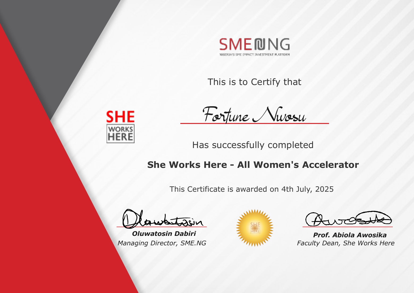She Works Here All Women's Accelerator certificate